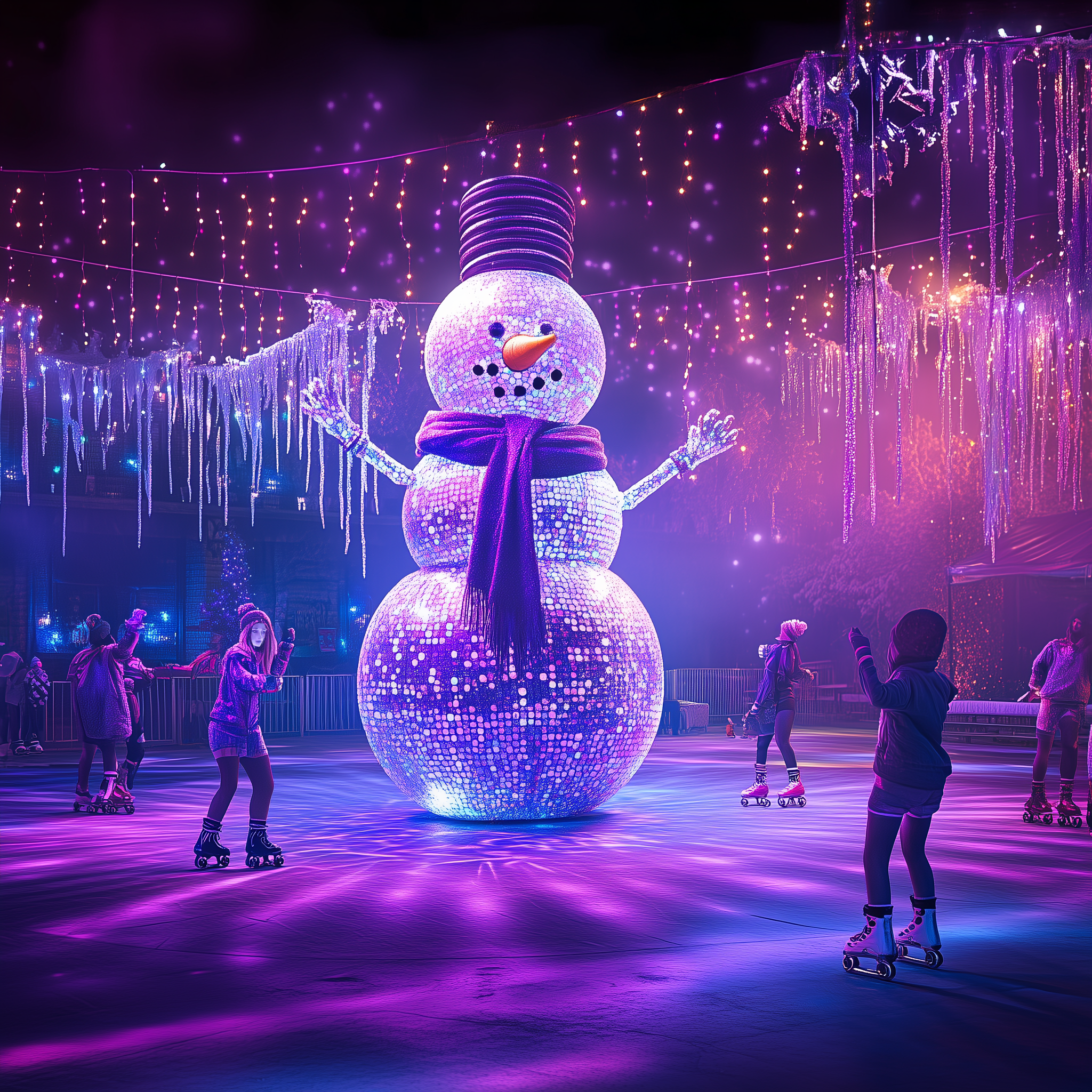 Bezoekers glijden met hun rolschaatsen langs een sneeuwman van discobollen en onder lichtslingers in Aztec Alps.